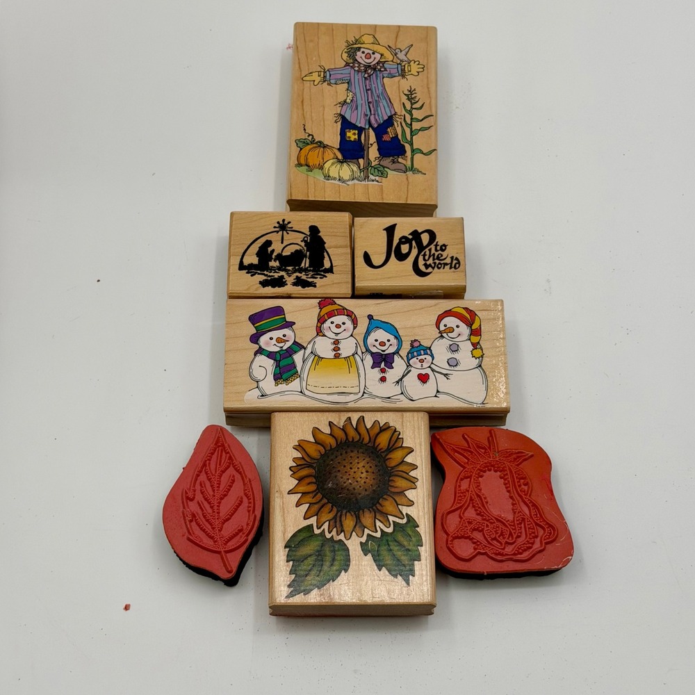 Lot‎ of 7 Wood Mounted Rubber Stamps Scarecrow Snowman Nativity Sunflower Leaf